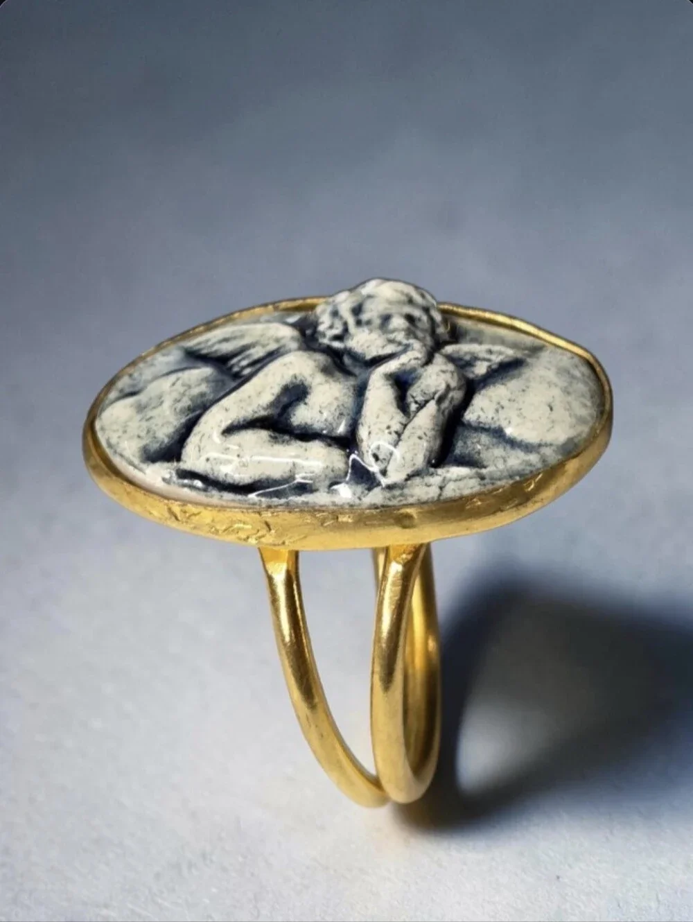 18k Gold Plated Artisan High Relief Porcelain Cherub Ring